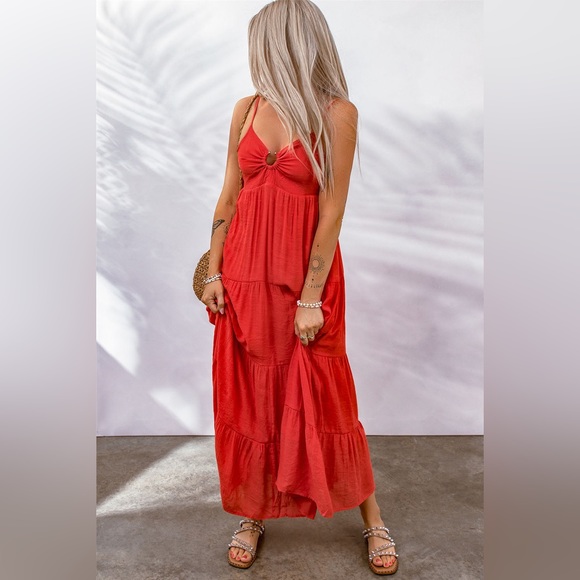 Red O-ring Smocked Back Spaghetti Straps Tiered Maxi Dress - Picture 4 of 5